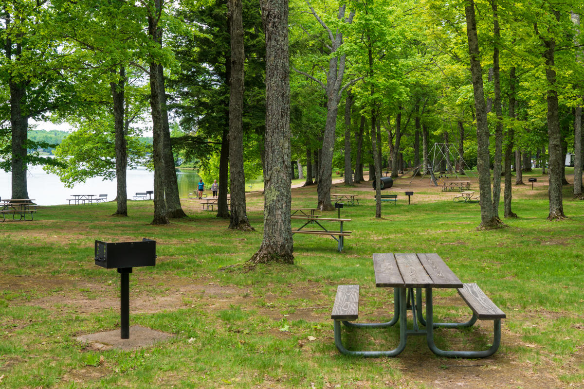 twin lakes state parks with trees water and picnic tables