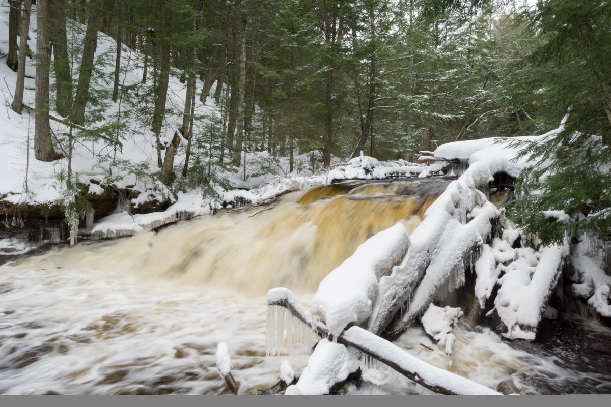 Snowy scene with West Branch Sturgeon River Falls.