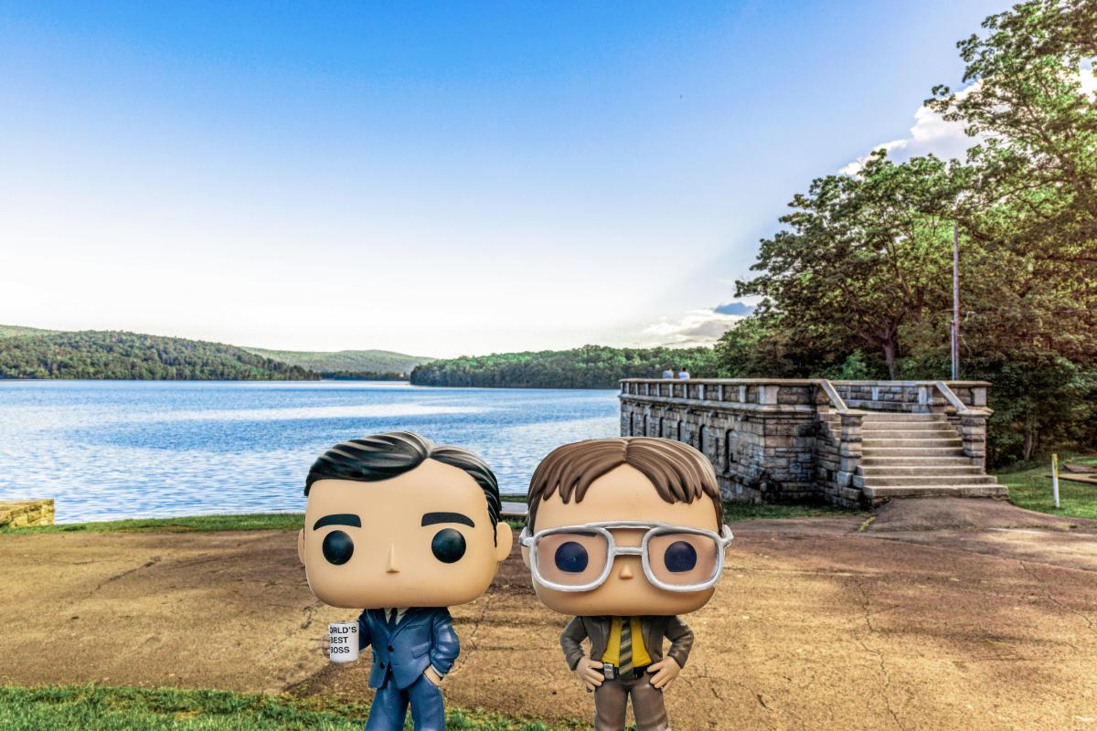 Michael Scott and Dwight Schrute Funko Pops at Lake Scranton
