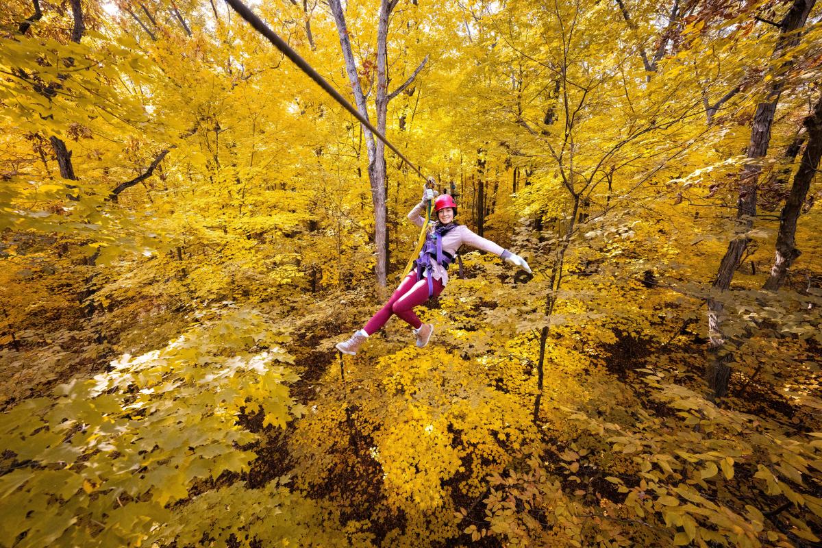 Women ziplining in the fall