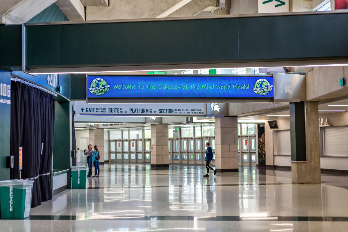 A welcome sign at the Breslin Center for Odyssey of the Mind World Finals