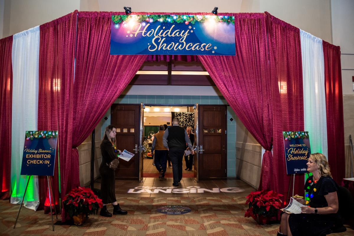 Draped curtains as entry to ballroom at convention center