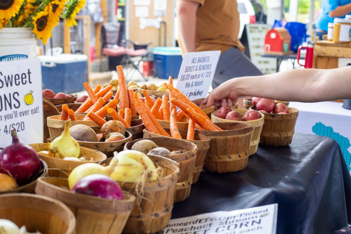 A person reaches toward buckets of carrots, onions, and potatoes lined on a table at the Meridian Township Farmers Market