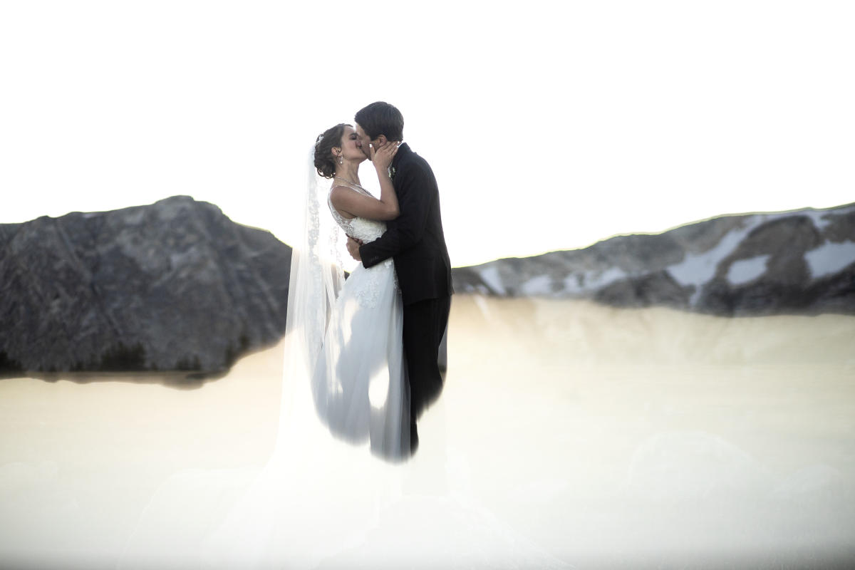 double exposure kiss wedding photo in the Snowy Range of Wyoming