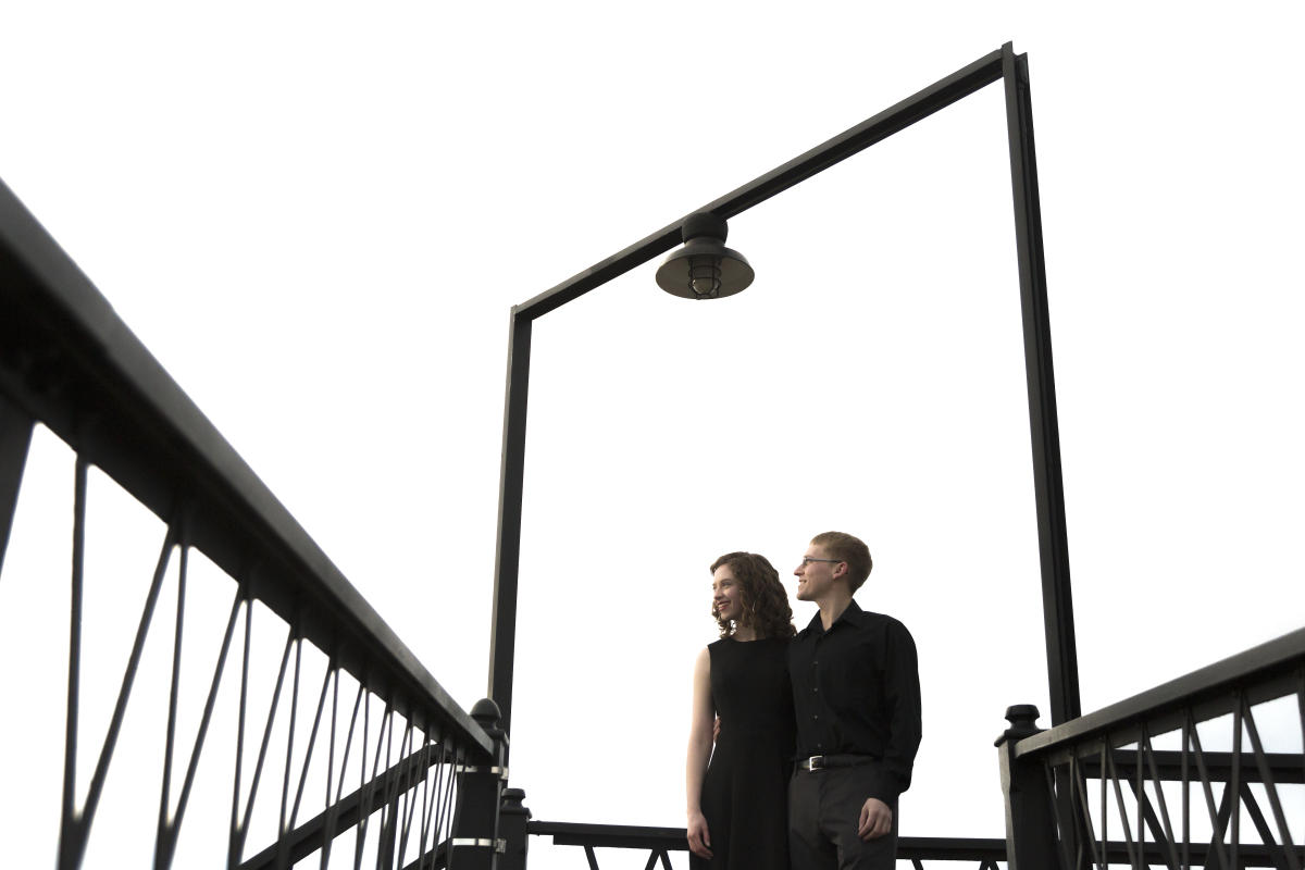 newlywed couple on Union Pacific railroad footbridge in Laramie, Wyoming