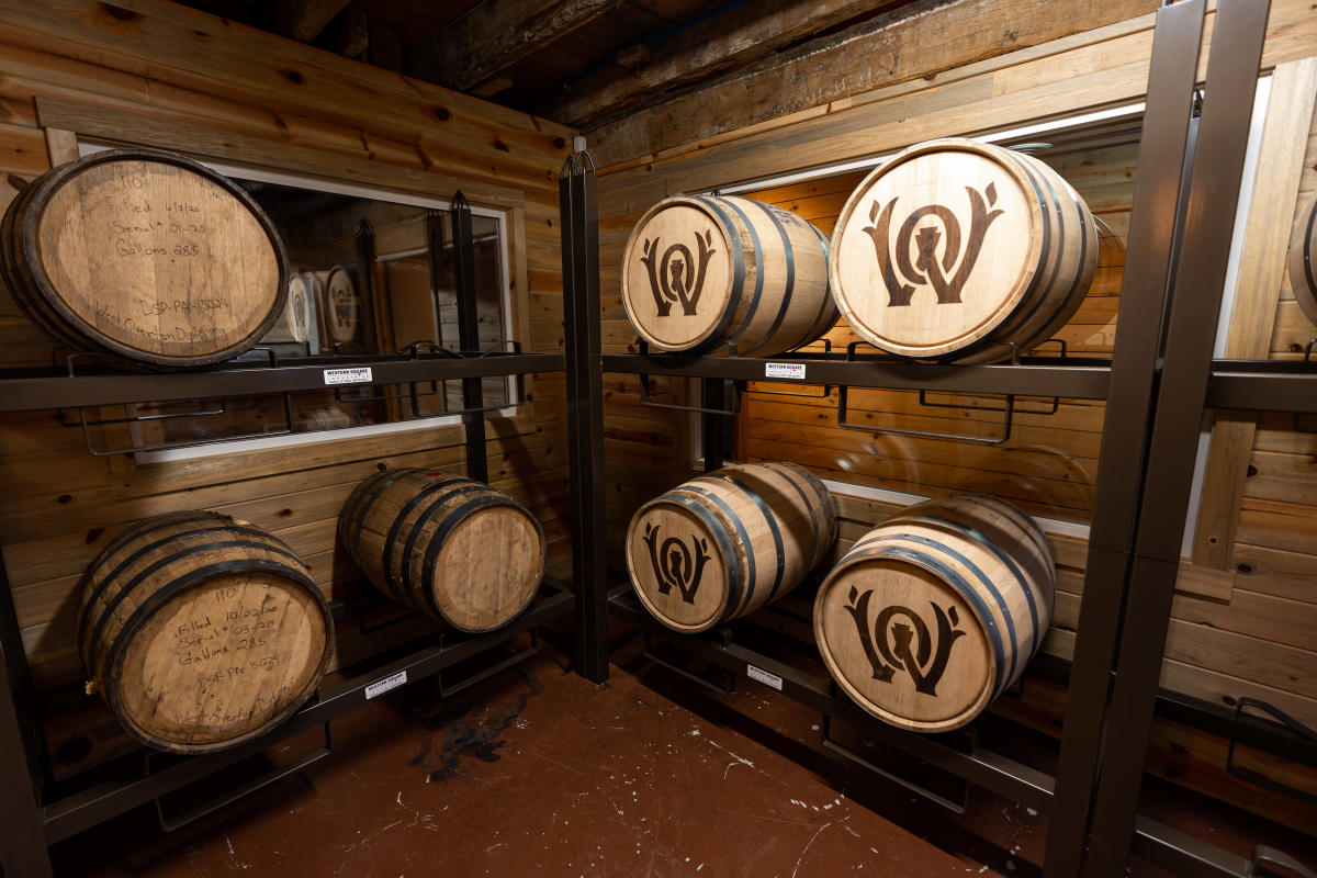 Whiskey barrels at West Overton Village's educational distillery