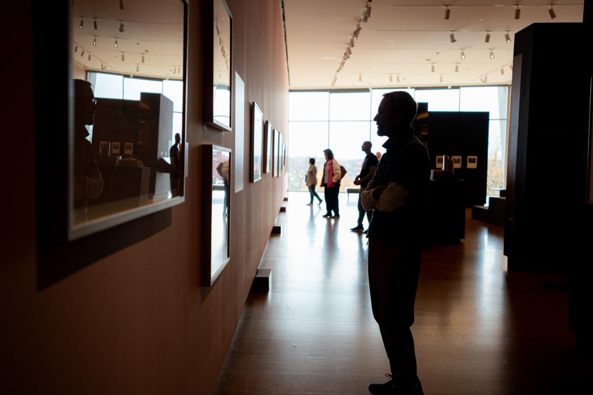 A patron views the “Frank Lloyd Wright's Southwestern Pennsylvania” exhibit at The Westmoreland Museum of American Art in Greensburg.
