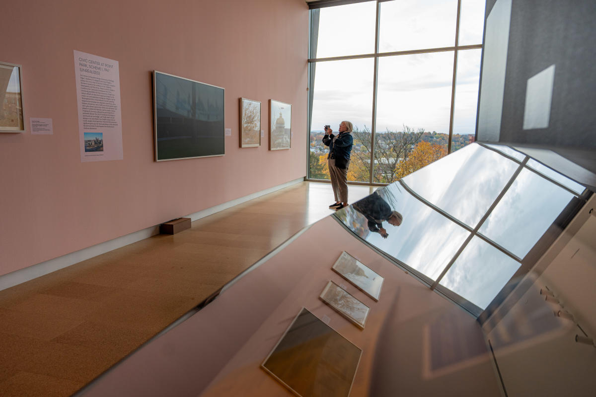 A patron views the “Frank Lloyd Wright's Southwestern Pennsylvania” exhibit at The Westmoreland Museum of American Art in Greensburg.