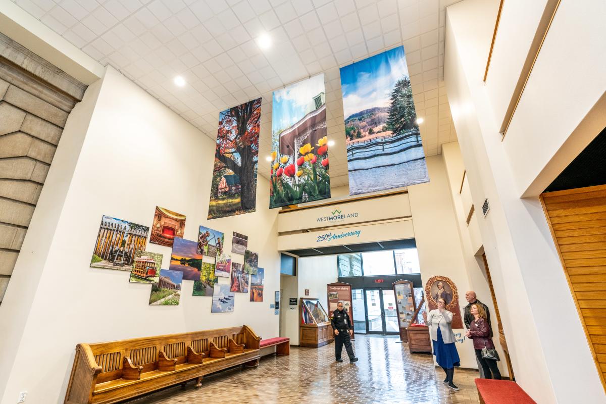 Scenes from across Westmoreland County adorn the courthouse in honor of the county's 250th anniversary.