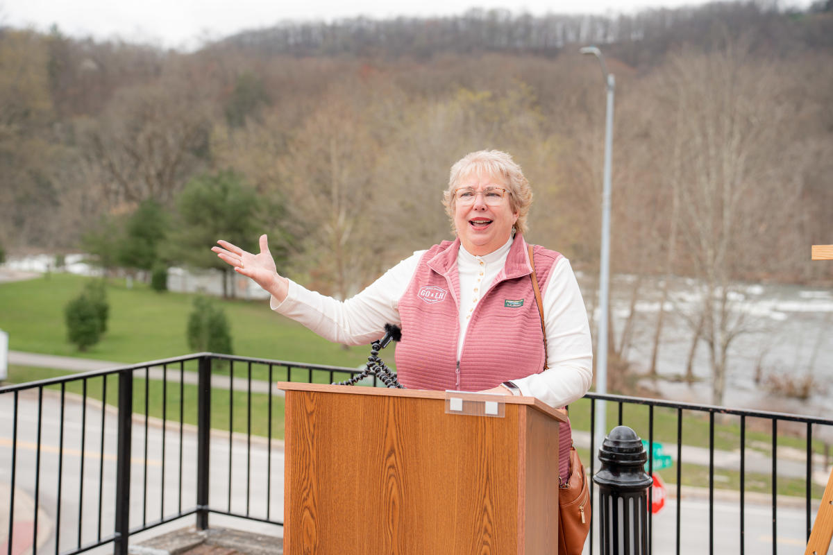 Ann Nemanic, executive director of GO Laurel Highlands, speaks during a press conference in Ohiopyle on Wednesday, April 10, 2024.