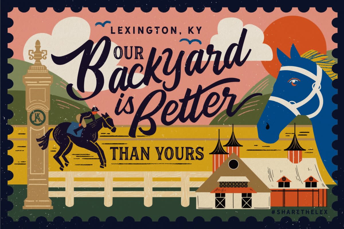 Digitally illustrated postcard with a vintage style. Features a blue horse, a barn, a jockey and horse, and rolling green hills with a bright orange sun. The postcard says "Our backyard is better than yours"