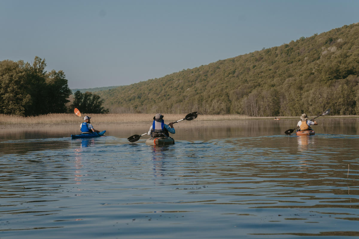 Three men paddling river