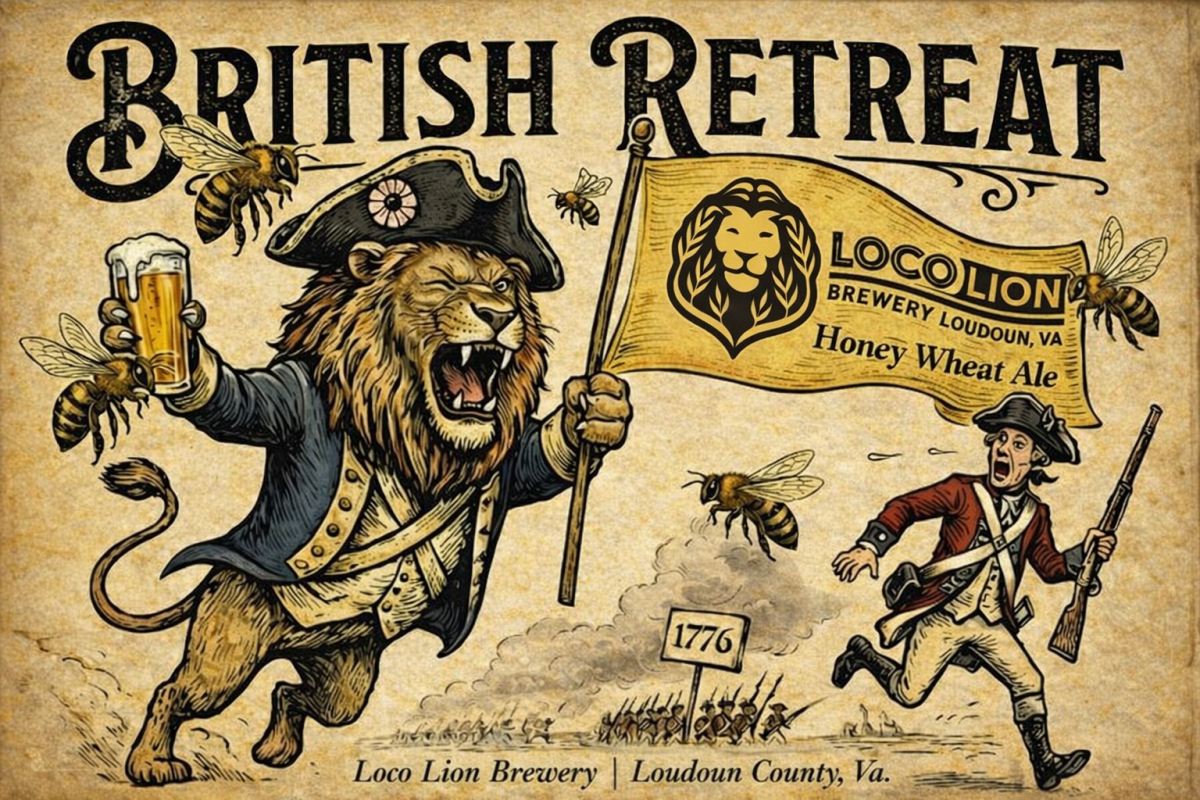 Illustrated Battle of the Beers promotional art featuring Colonial Cheer Black Lager and British Retreat Honey Wheat Ale at Loco Lion Brewery in Loudoun County