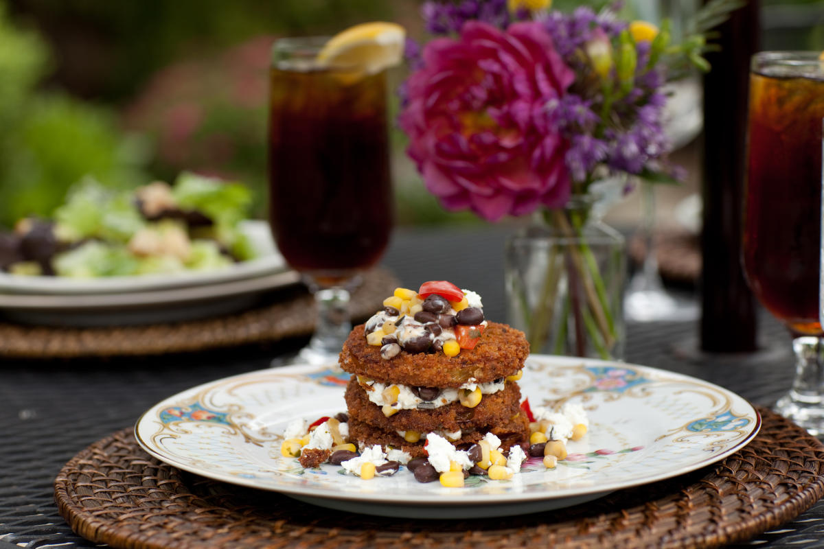 Stacked fried green tomatoes with black beans, corn and goat cheese at Red Fox Inn and Tavern in Middleburg, Loudoun County