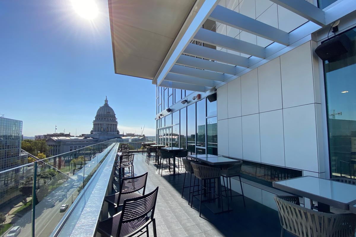 The State Capitol provides a beautiful backdrop for the Eno Vino outdoor fireplace