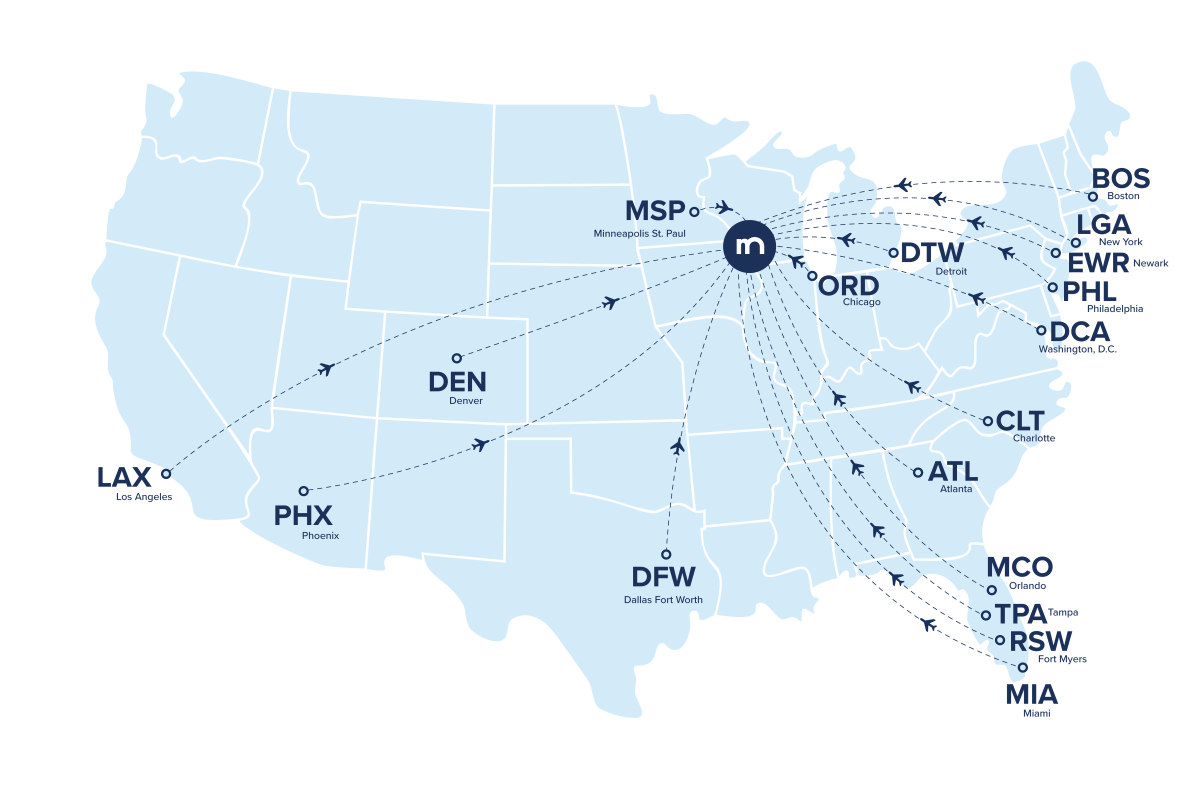 A graphic that shows a map of the United States with dotted lines that show which airports Madison flies directly to and from.