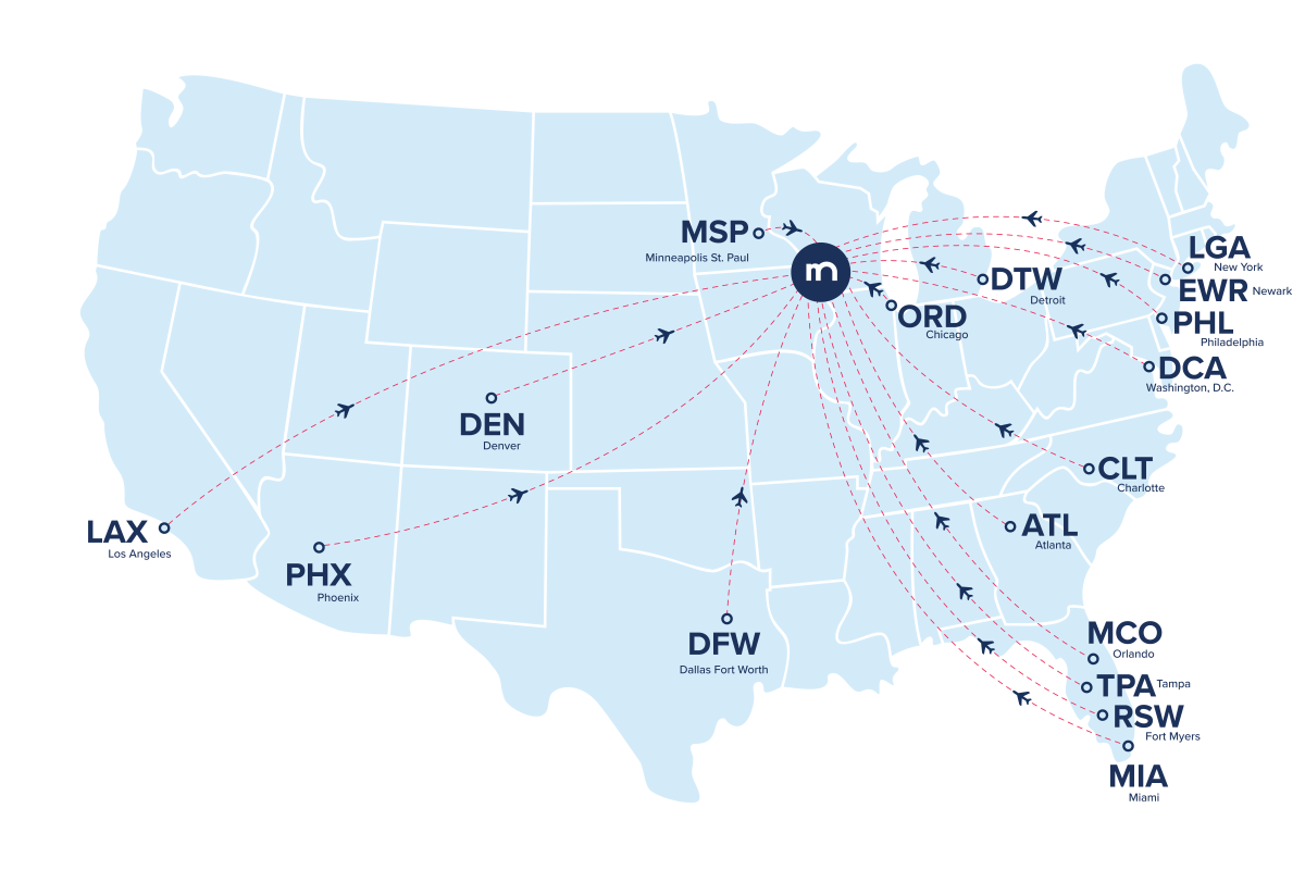 Map of direct flights to Madison