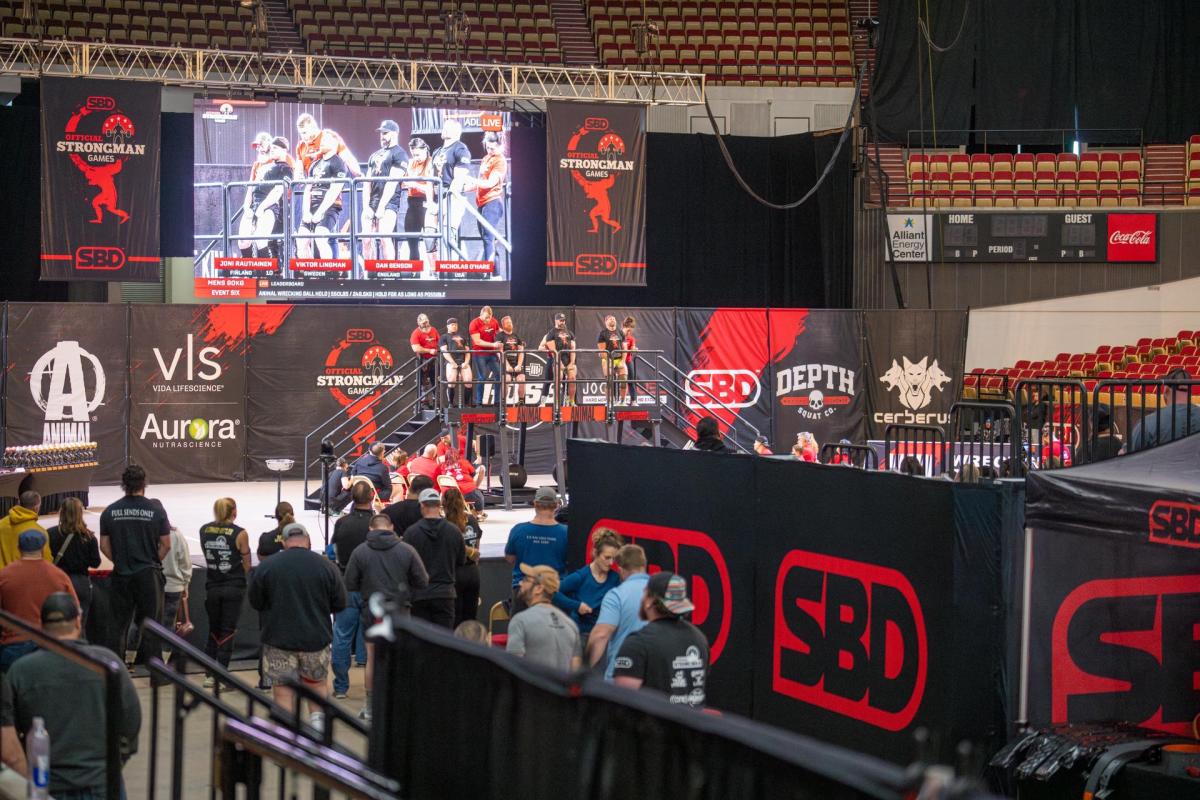 2025 Strongman Games taking place at Alliant Energy Center with athletes on stage