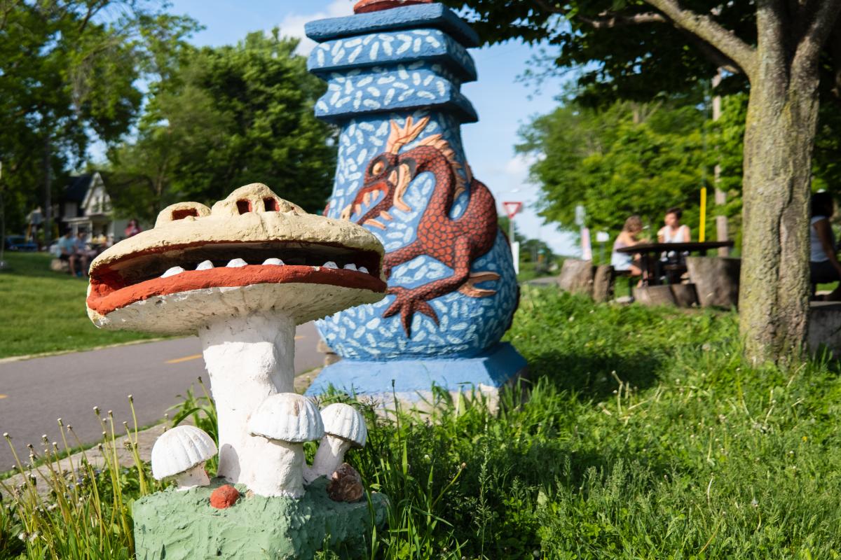 Smiling Mushroom and Blue Urn Sculptures by Sid Boyd
