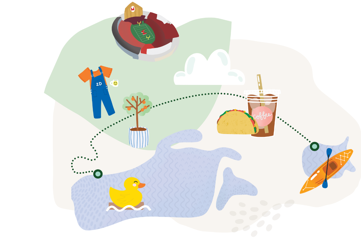 An illustrated map of a bike path connecting two lakes with a duck icon, orange tree, Camp Randall Stadium, a taco and coffee cup and kayak along the way