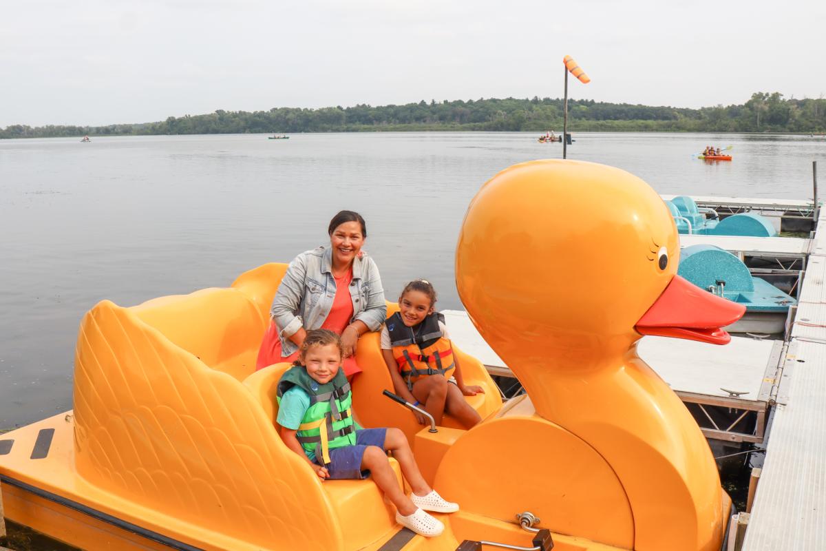 Mother and two kids on Duck Boat on Lake Wingra