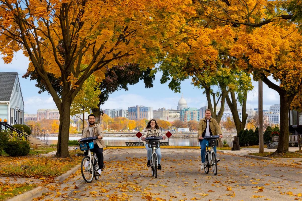 Three people riding bikes with the Capitol building in the background and a beautiful fall tree canopy