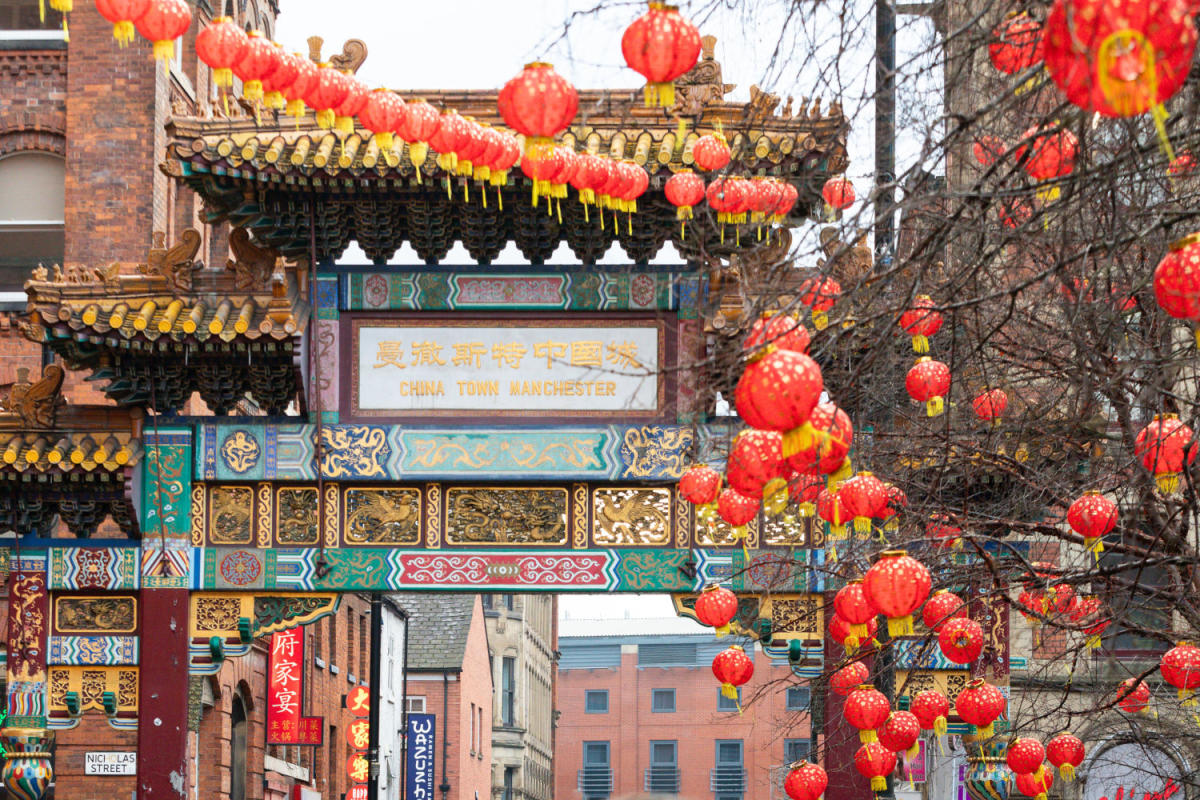 Manchester Chinatown's Pagoda adorned with red lanterns to celebrate Chinese new year