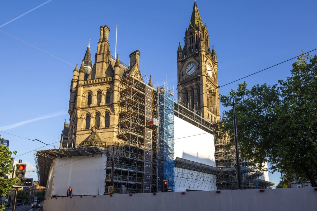 Manchester Town Hall as viewed on 20 July 2020 during refurbishment. © Peter N. Lindfield.