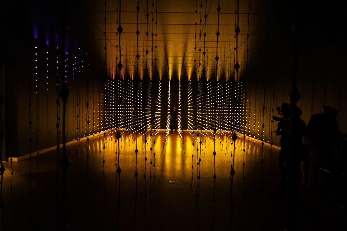 art installation with yellow lights