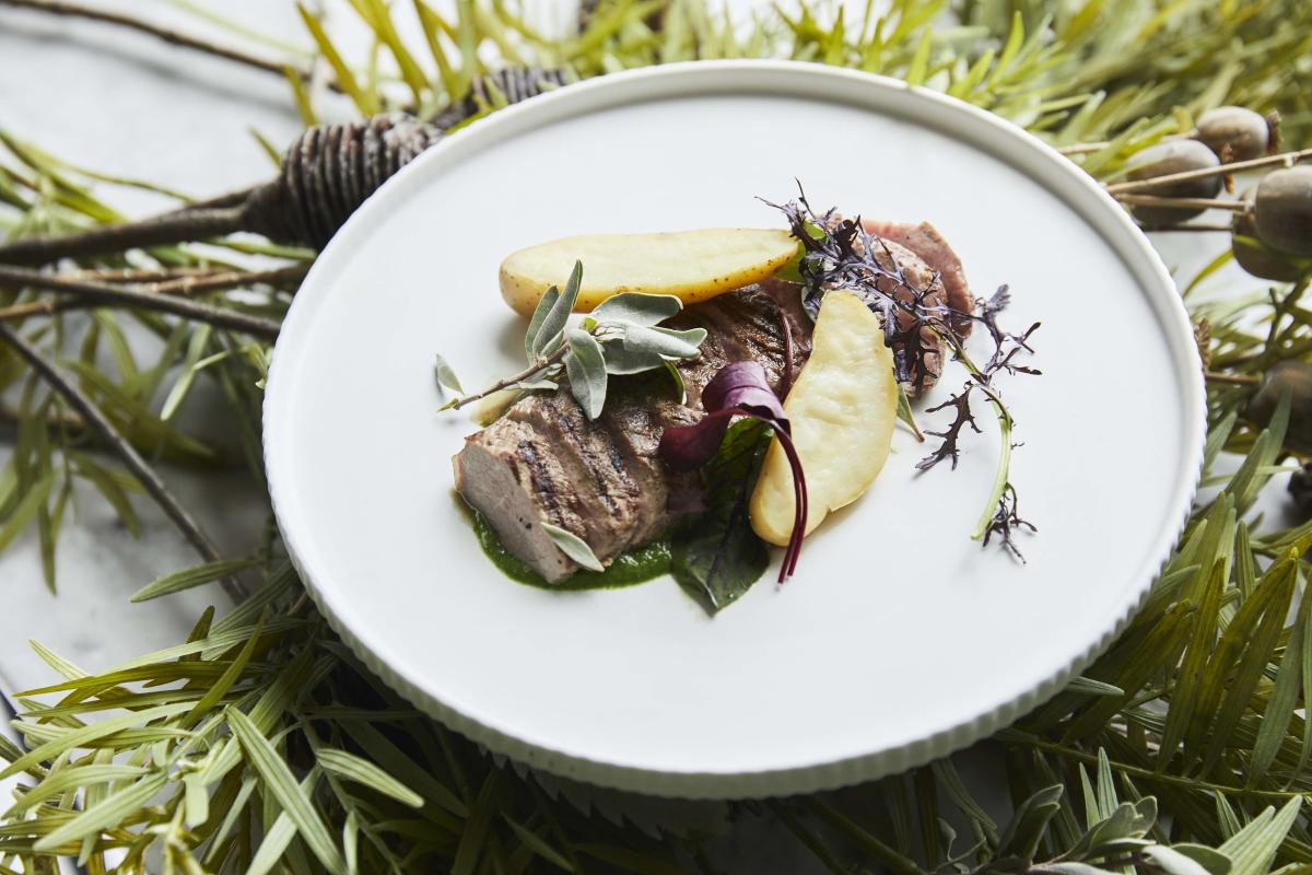 Lamb and vegetable dish presented on white plate