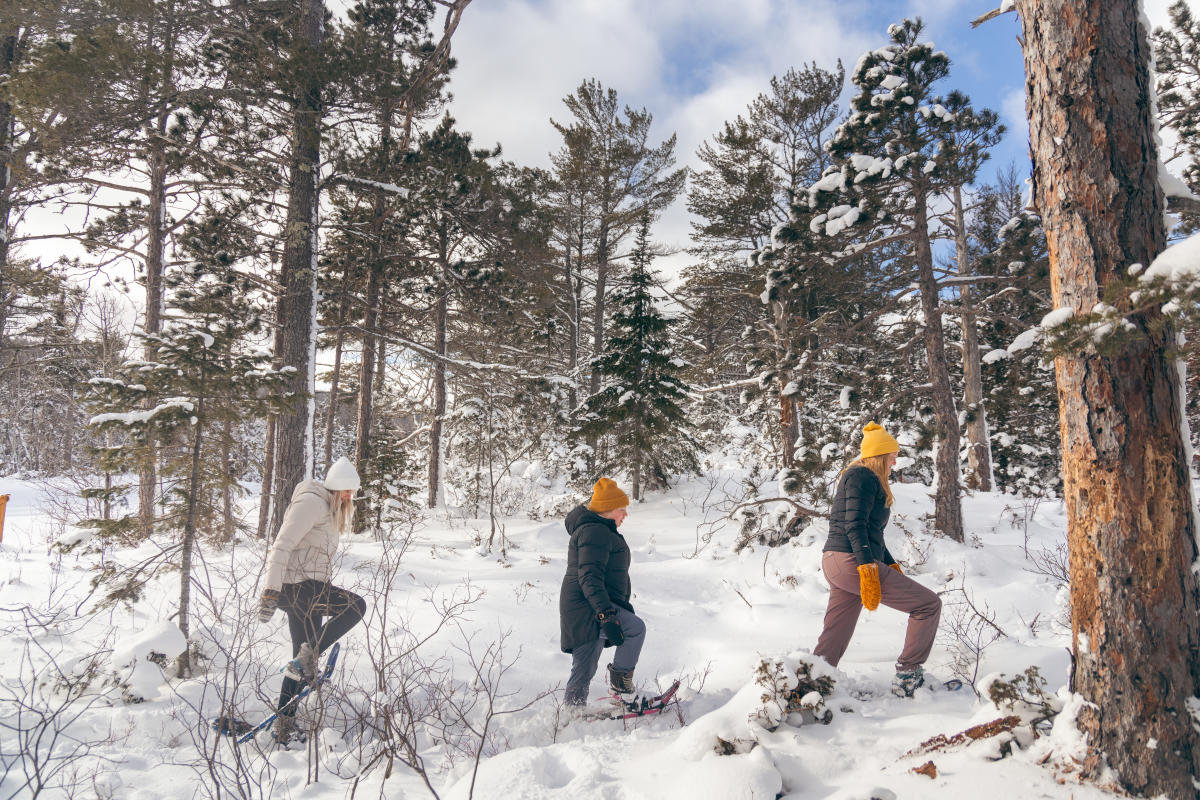 three women snowshoeing in the woods