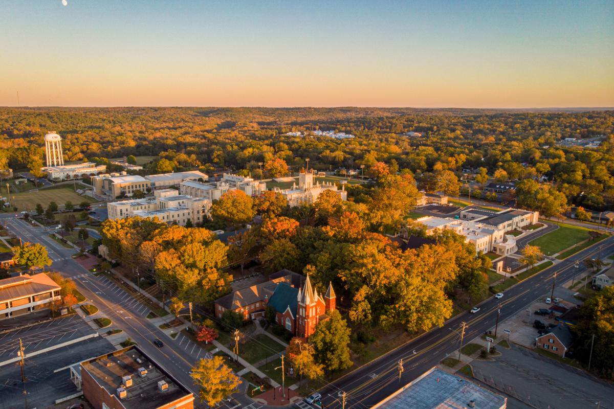 Aerial view of downtown Milledgeville, GA in fall