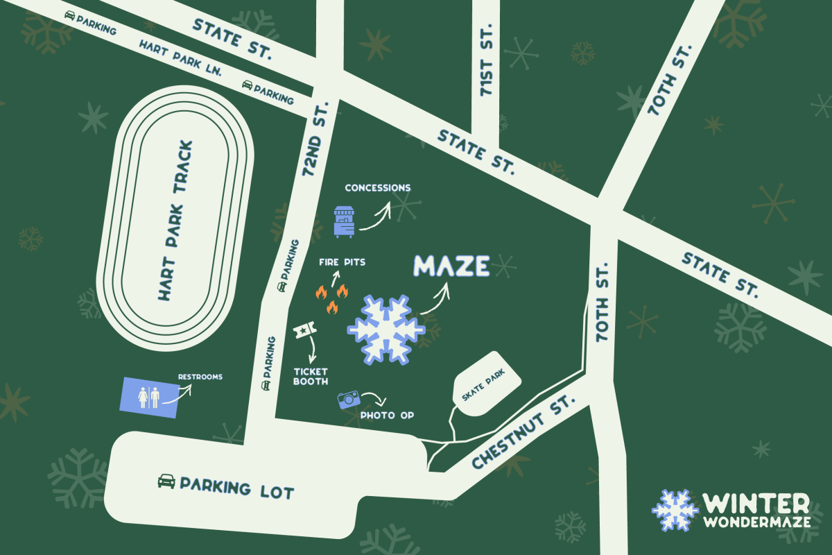 A map showing the layout of the Winter Wondermaze area. Parking  on 72nd St, and overflow parking on Hart Park Ln.