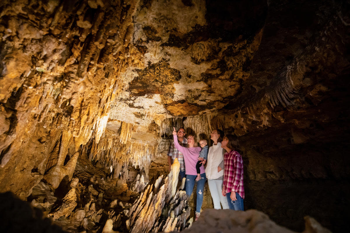 A family exploring Cave of the Mounds, looking up at dramatic rock formations and stalactites inside the illuminated cavern.