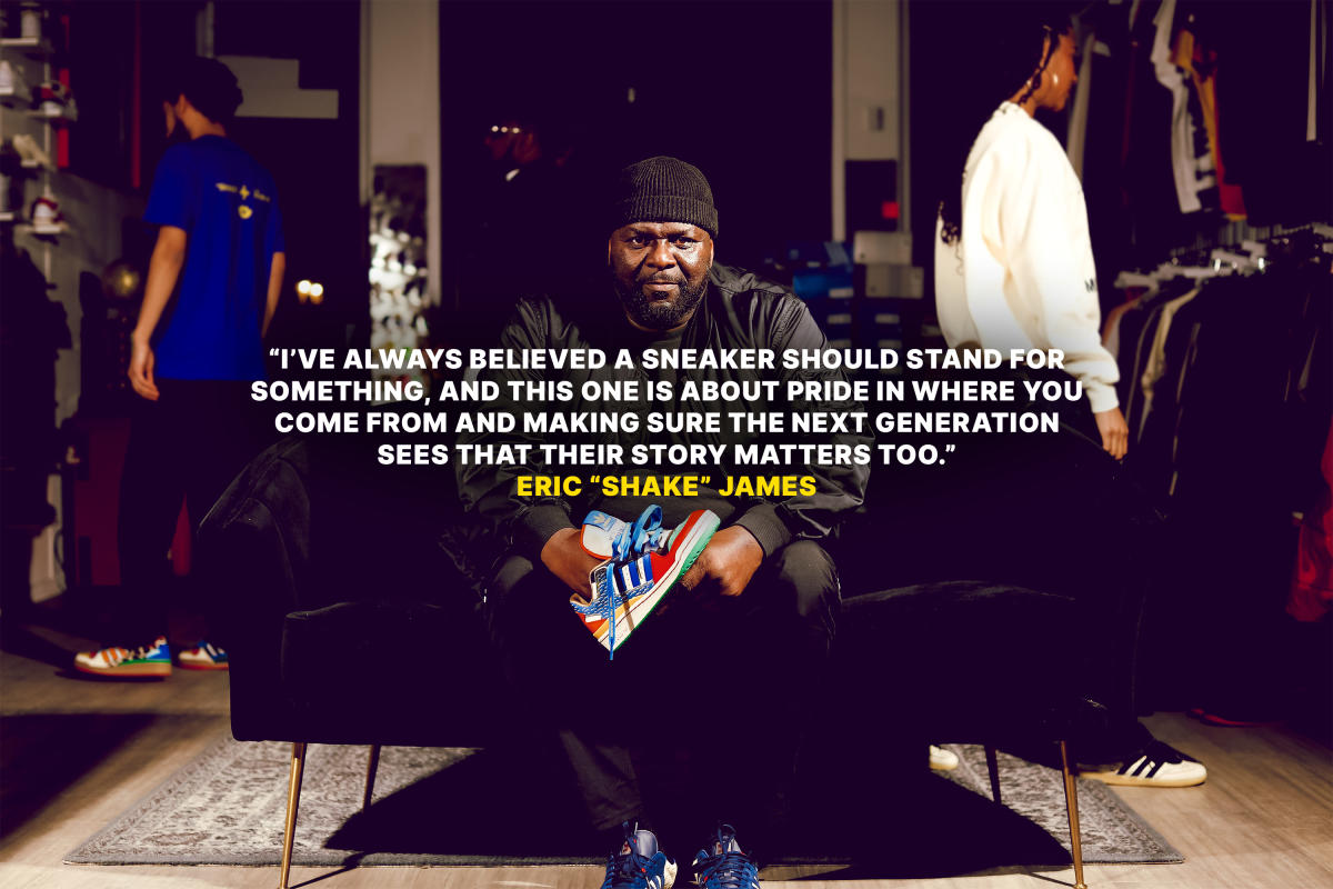 a photo of shake james in his store, holding shoes with a quote overlayed reading "“I’ve always believed a sneaker should stand for something, and this one is about pride in where you come from and making sure the next generation sees that their story matters too.” Eric “Shake” James"
