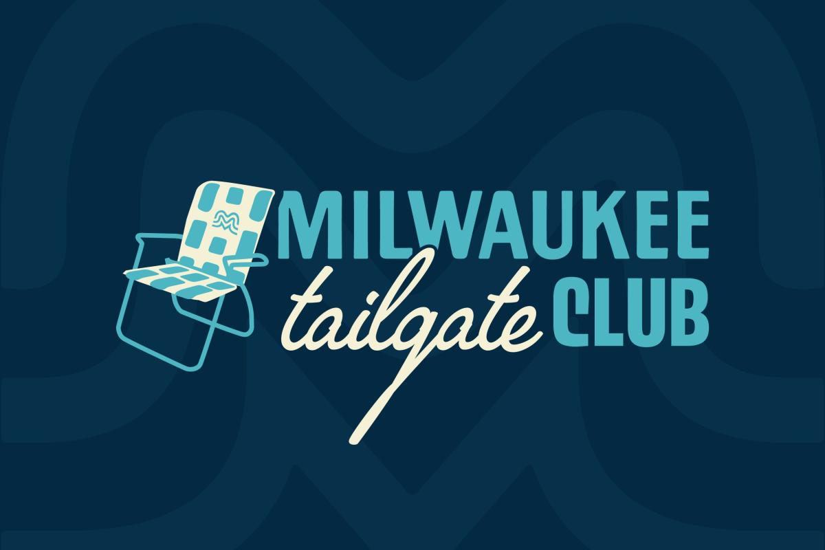 Alt-text: Logo for the Milwaukee Tailgate Club featuring a light blue folding lawn chair and stylized text on a dark blue background.