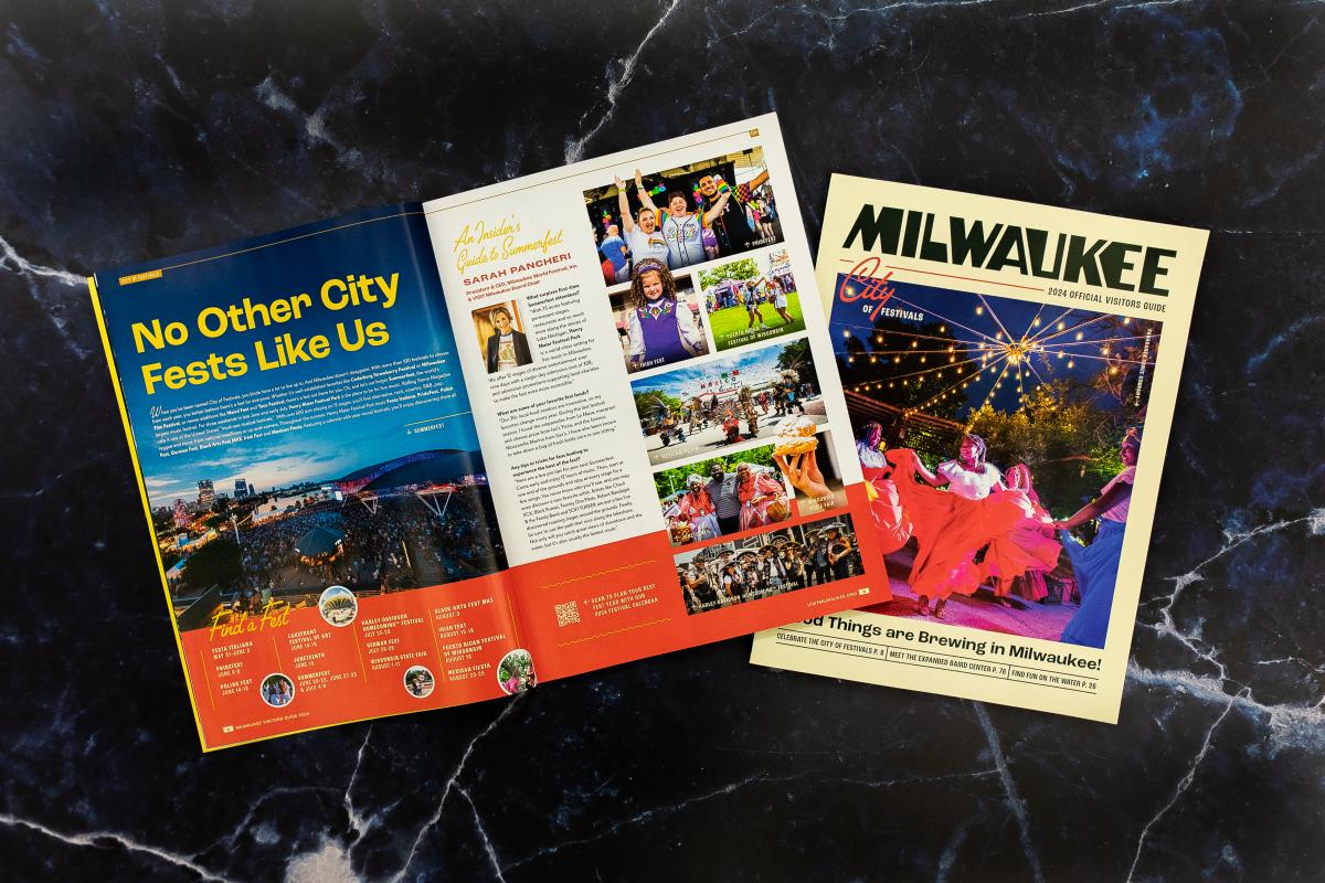 a magazine layflat of a spread about milwaukee festivals overlapped with the cover of the magazine