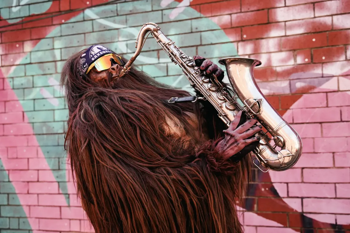 A person dressed in a full-body furry costume, resembling Bigfoot, plays a saxophone in front of a brick wall with colorful graffiti. They wear reflective sunglasses and a headband.
