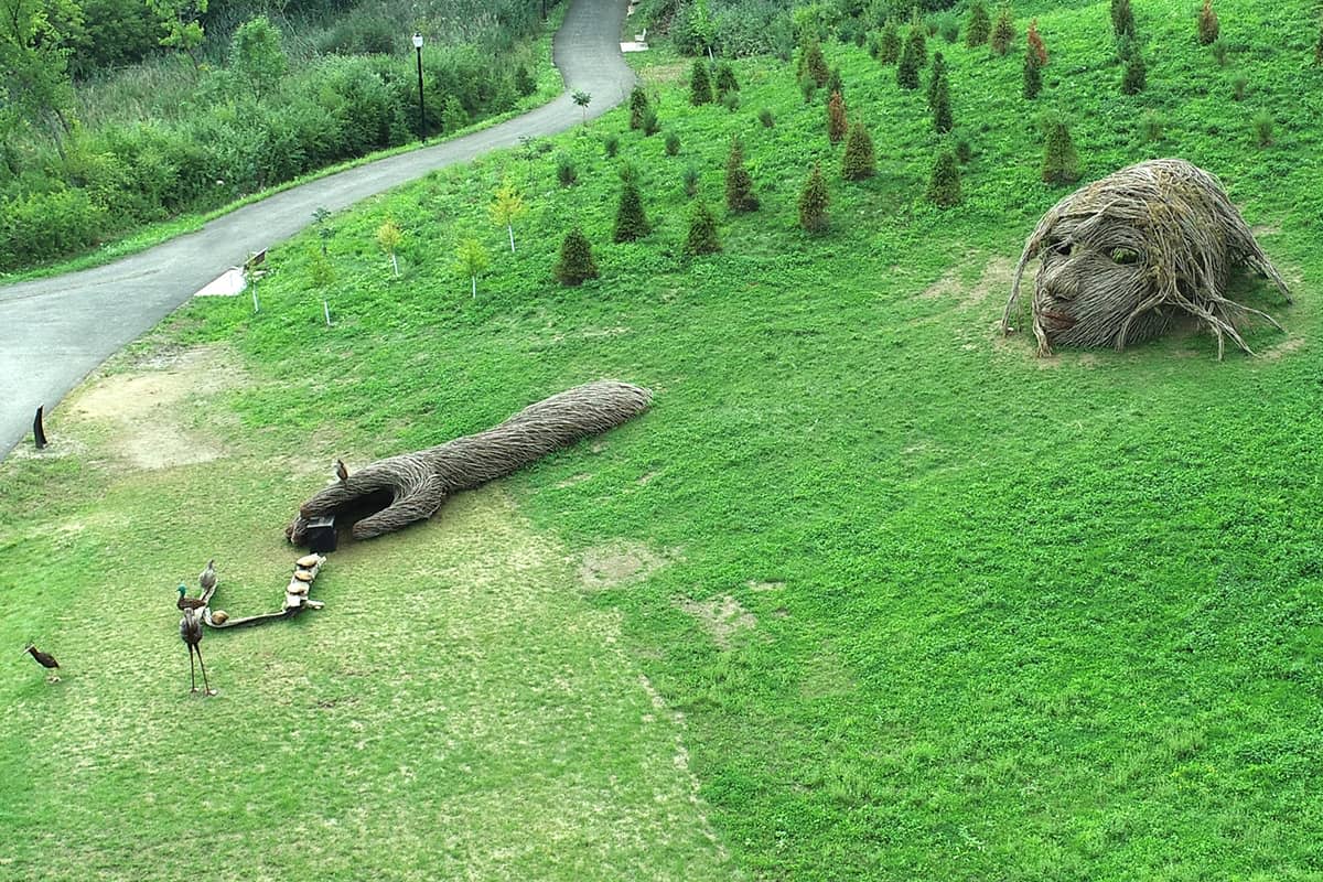 An aerial view of the Sacred Rhythm Mother sculpture showing its large scale