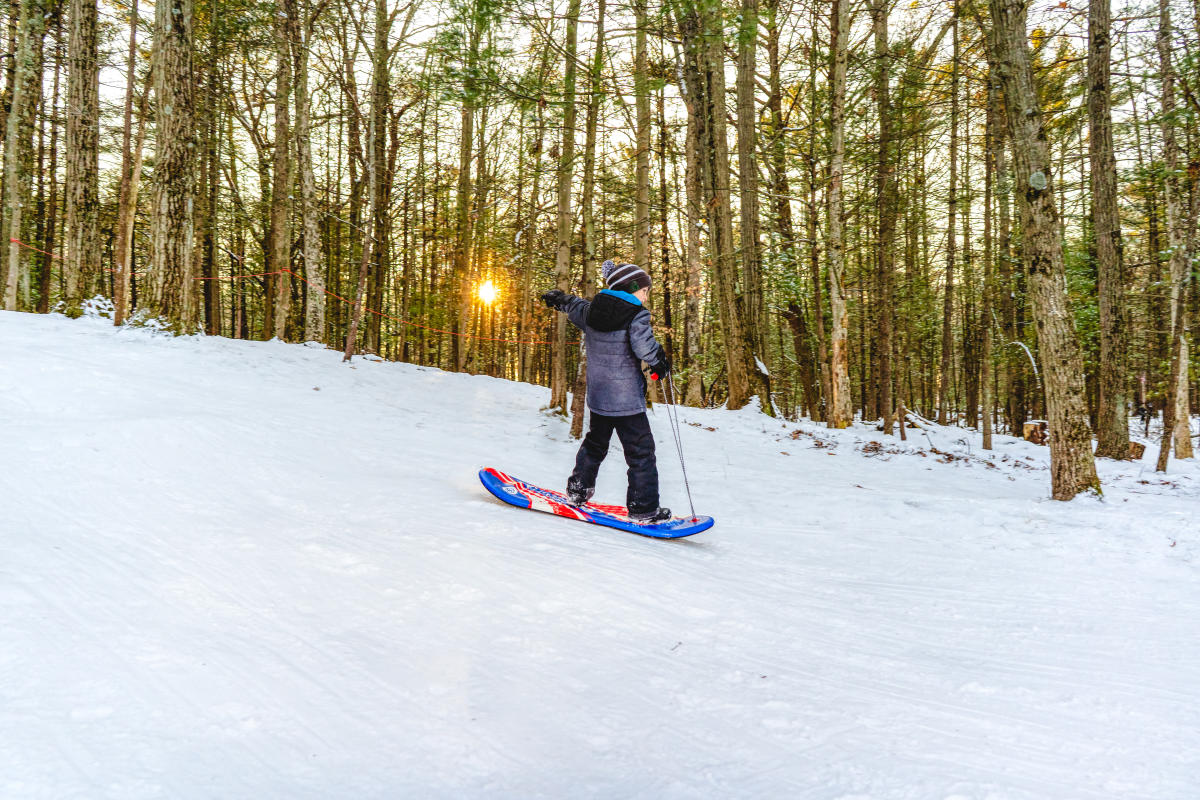 child in winter wear rides blue snowboard down snow covered hill. tall pines line the background with a lowering sun peeking through.