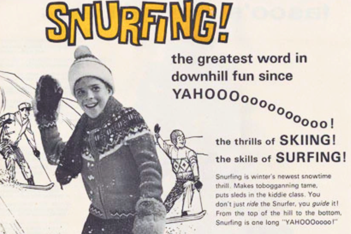 Vintage advertisement for Snurfing, featuring a smiling person in winter attire with a Snurfer board, promoting it as a thrilling winter activity similar to skiing and snowboarding.