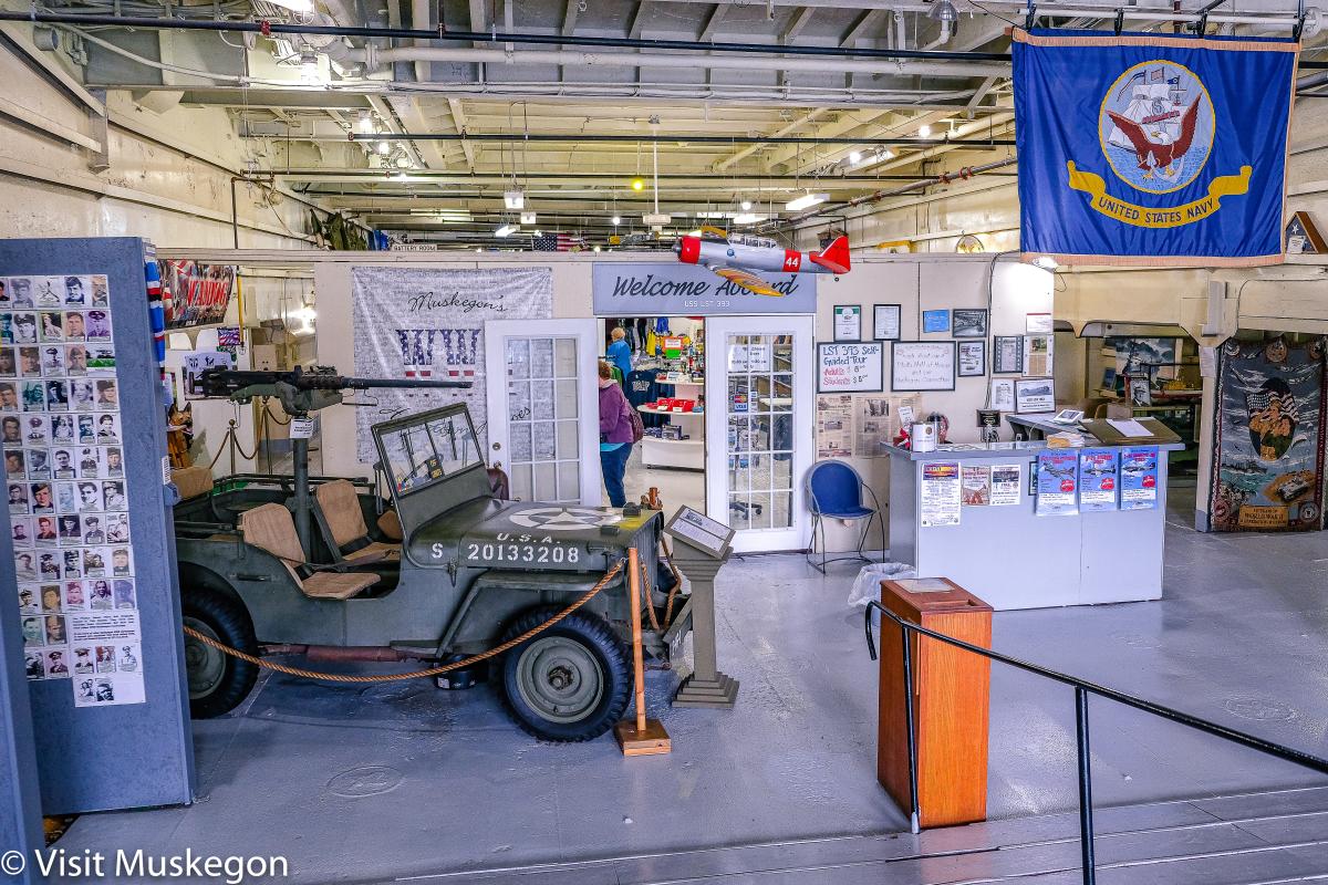 Military jeep at entrance to the USS LST 393 museum