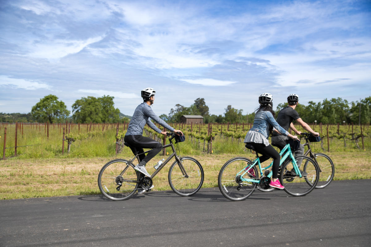 A small group enjoys the Napa Valley scenery as they ride their bicycles down a road.