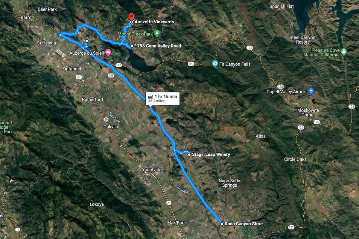 A screen-grab of the Google Maps route of Silverado Trail and Howell Mountain Road