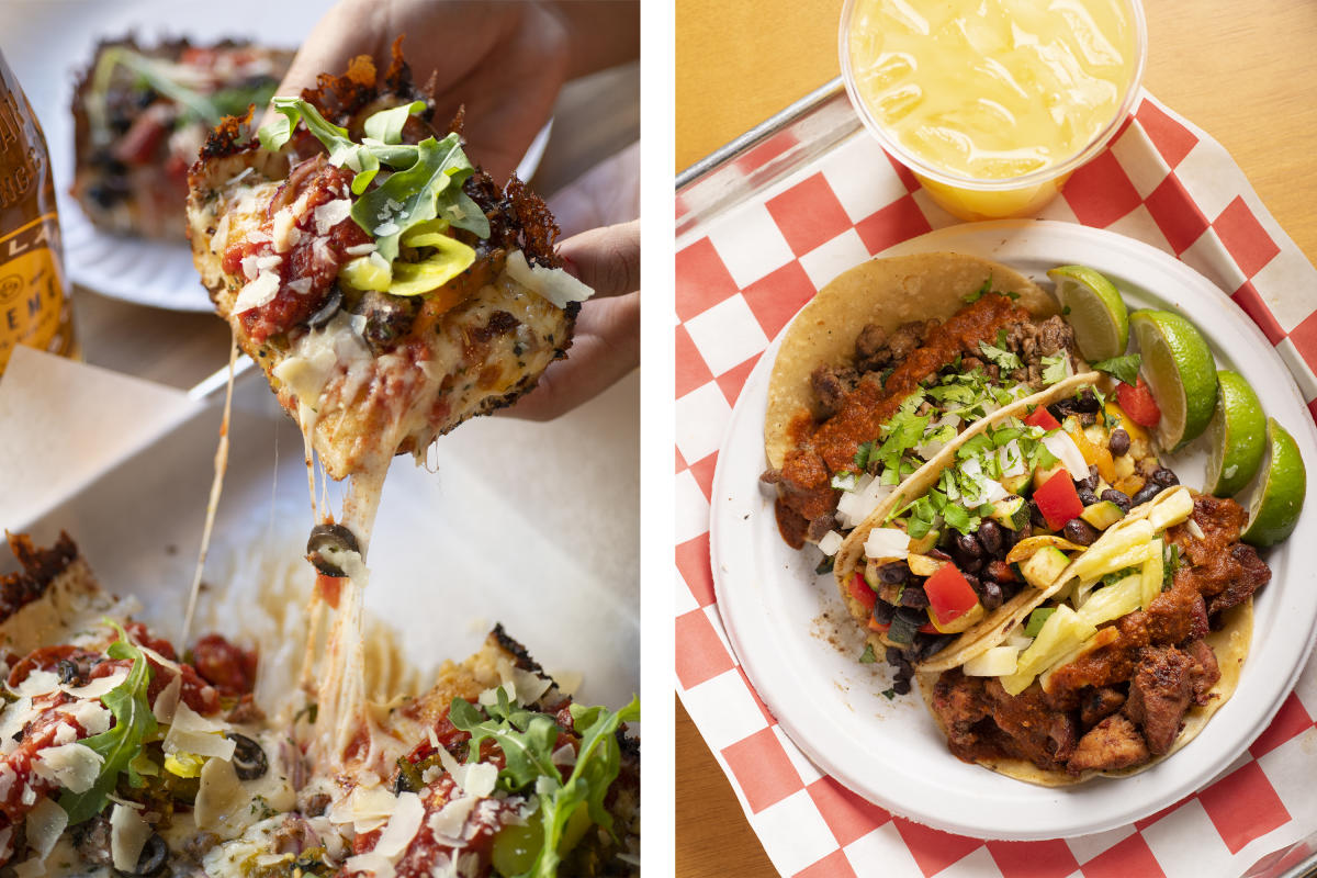 Pizza (left) and tacos (right) from 505 Central Food Hall