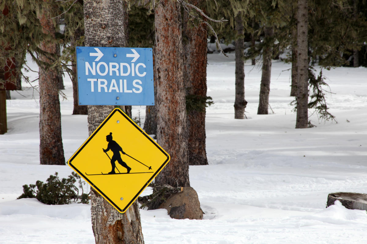 A sign indicating 'Nordic Trails' with a directional arrow, next to a yellow caution sign featuring a silhouette of a person cross-country skiing, all set against a snowy landscape with pine trees.