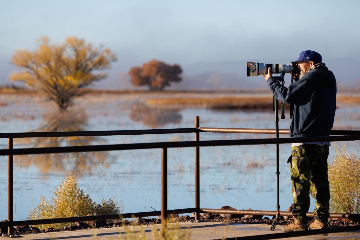 A person stands on a walkway, using a camera on a tripod to capture a scene of a lake with bare trees in the background. The setting is calm, with soft lighting suggesting either morning or evening.
