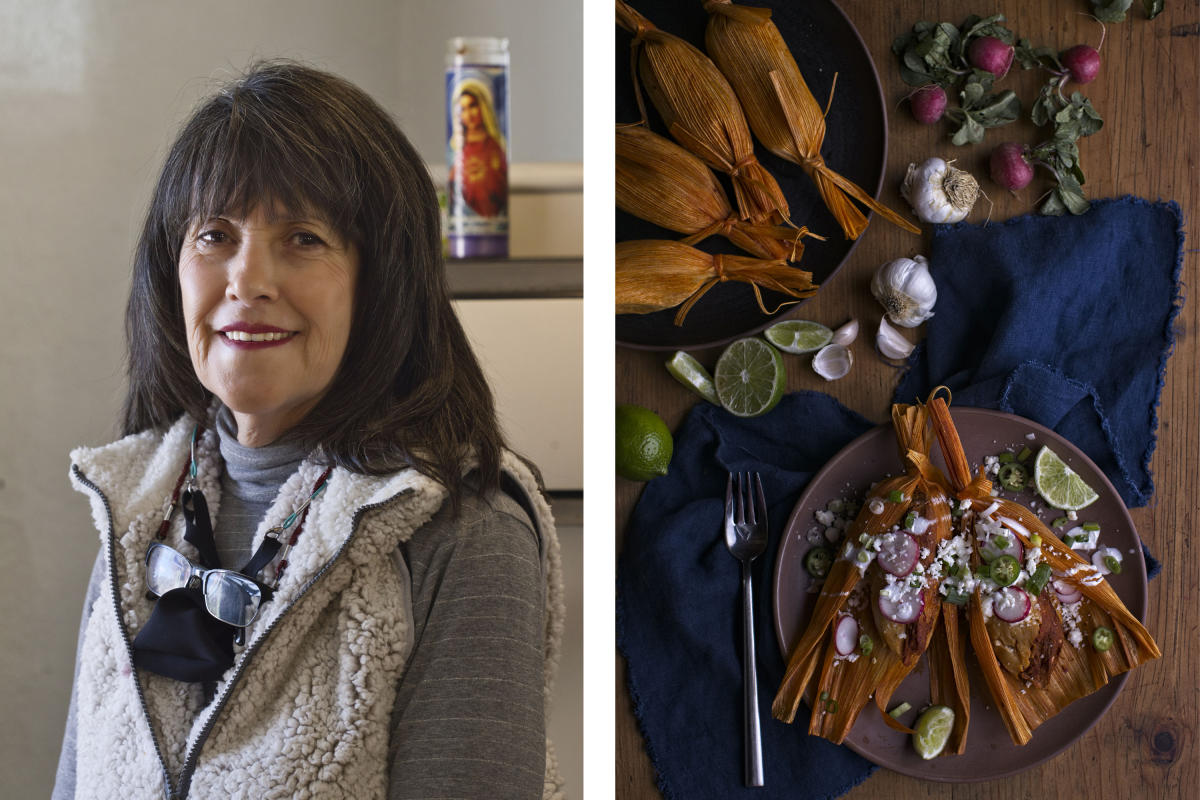 Theresa Olivas (left) and pork tamales (right) from Teresas Tamales in the Mora Valley