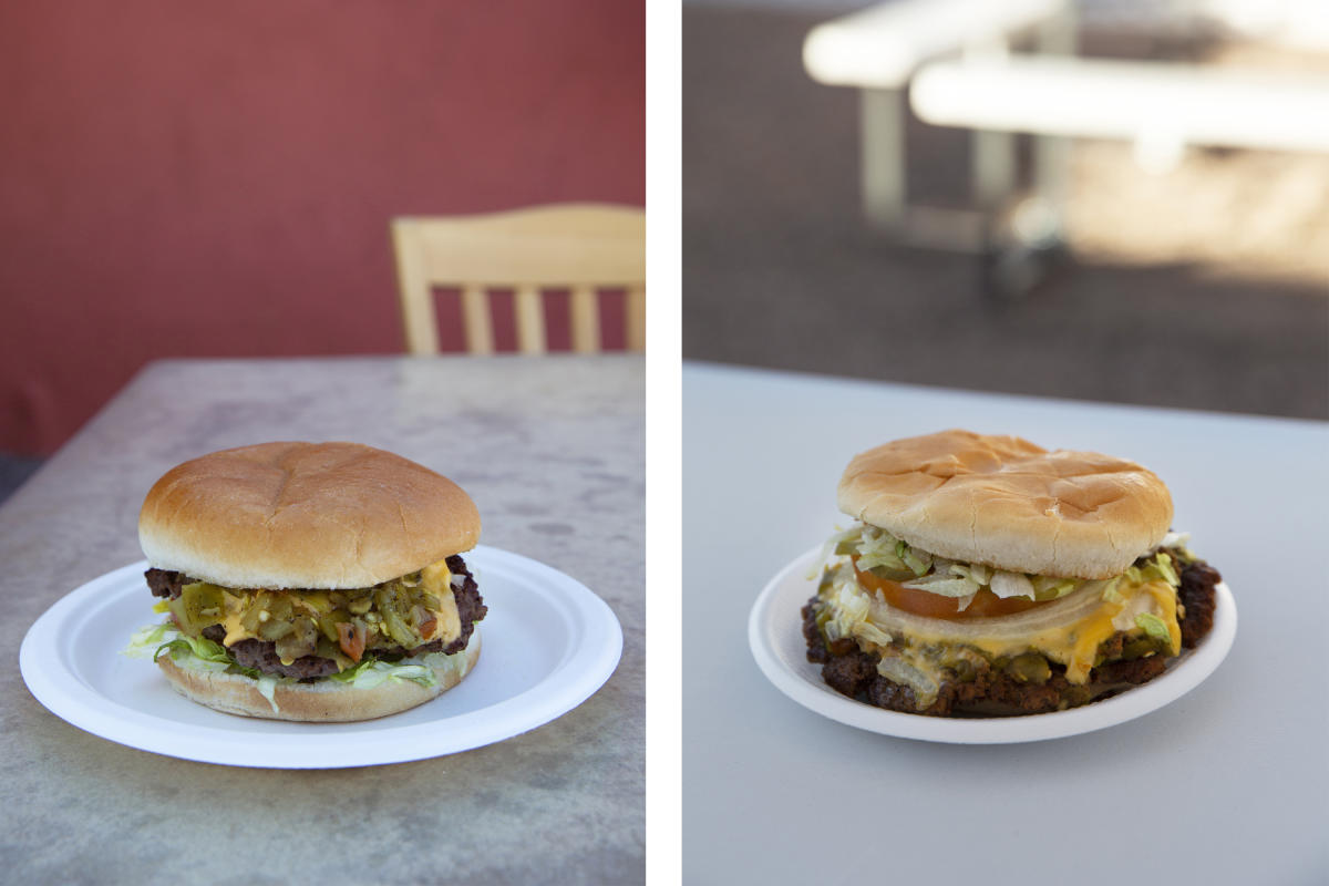 Green chile cheeseburgers from Buckhorn Tavern (left) and Owl Bar (right)