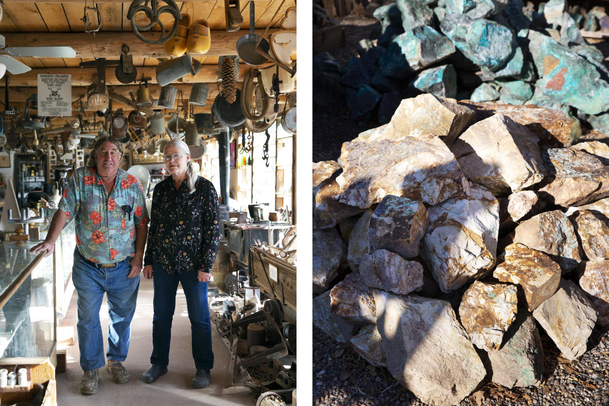 Todd and Pat Brown at Casa Grande Trading Post in Cerrillos (left) and samples of turquoise (right)